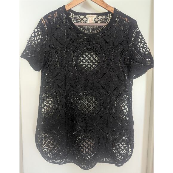Sundance Crochet Lace Shadow Dance Tee Top Black Sheer Short Sleeve Size Small - Picture 2 of 6